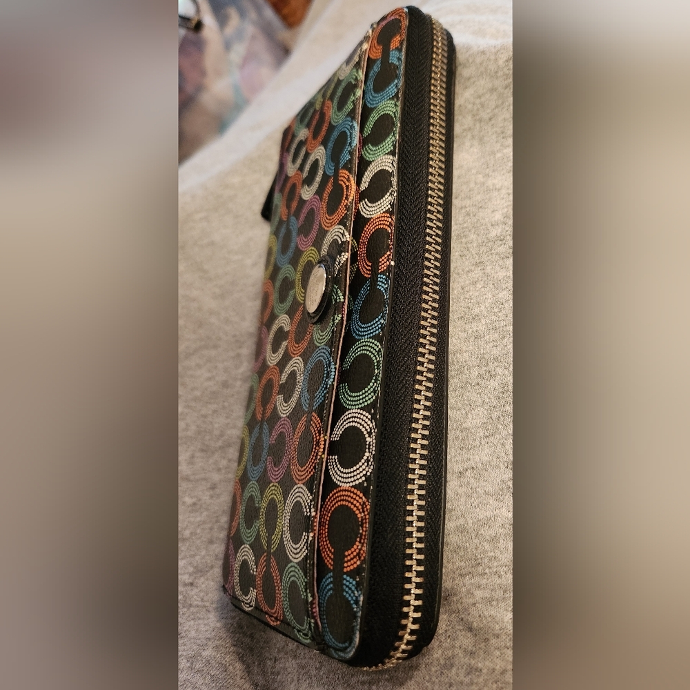 Coach Waverly Black Continental Zip Wallet with Multicolor Signature Rings - Picture 13 of 14